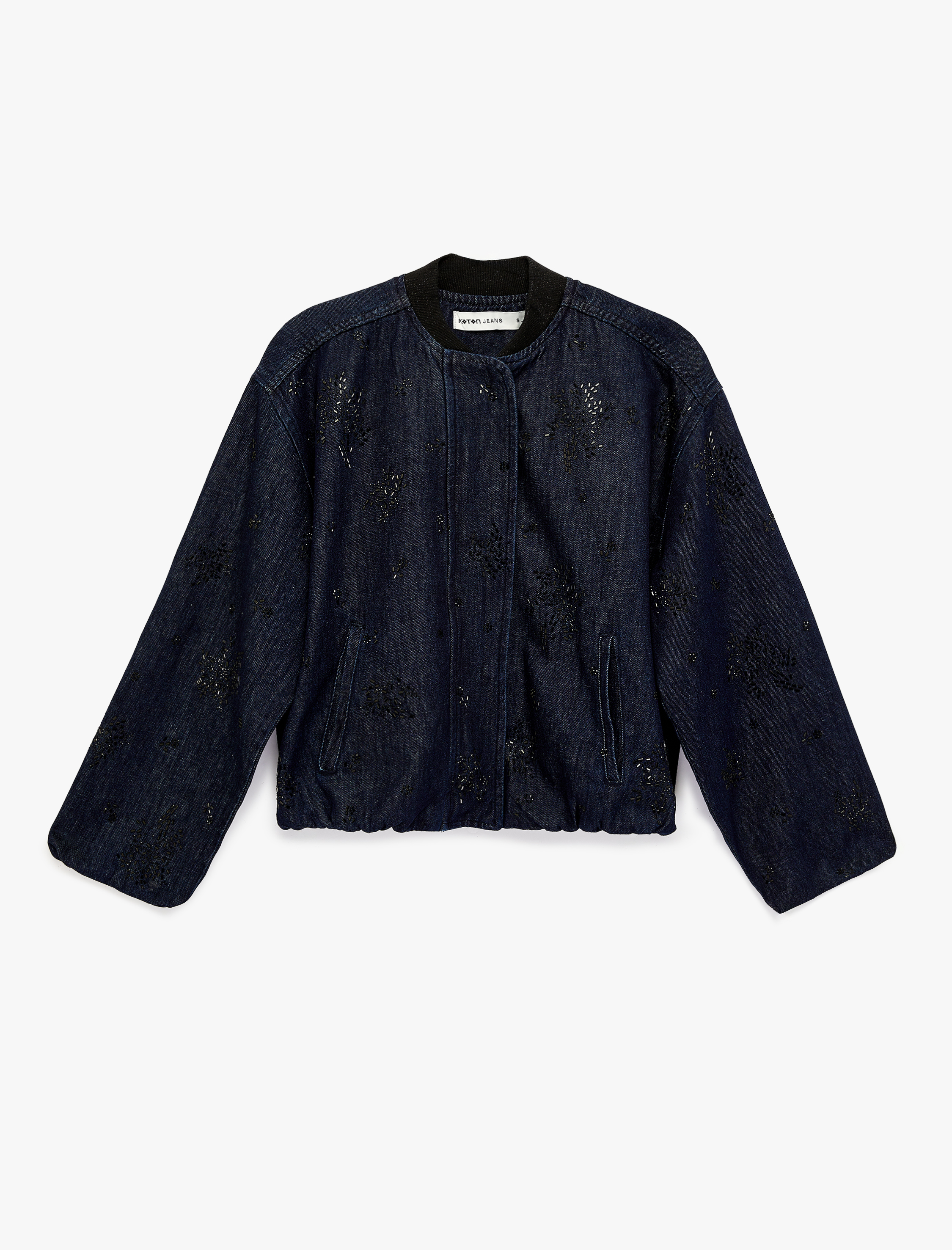   Taş Detaylı Uzun Kollu Düğmeli Yuvarlak Yaka Denim Ceket