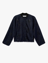 Taş Detaylı Uzun Kollu Düğmeli Yuvarlak Yaka Denim Ceket