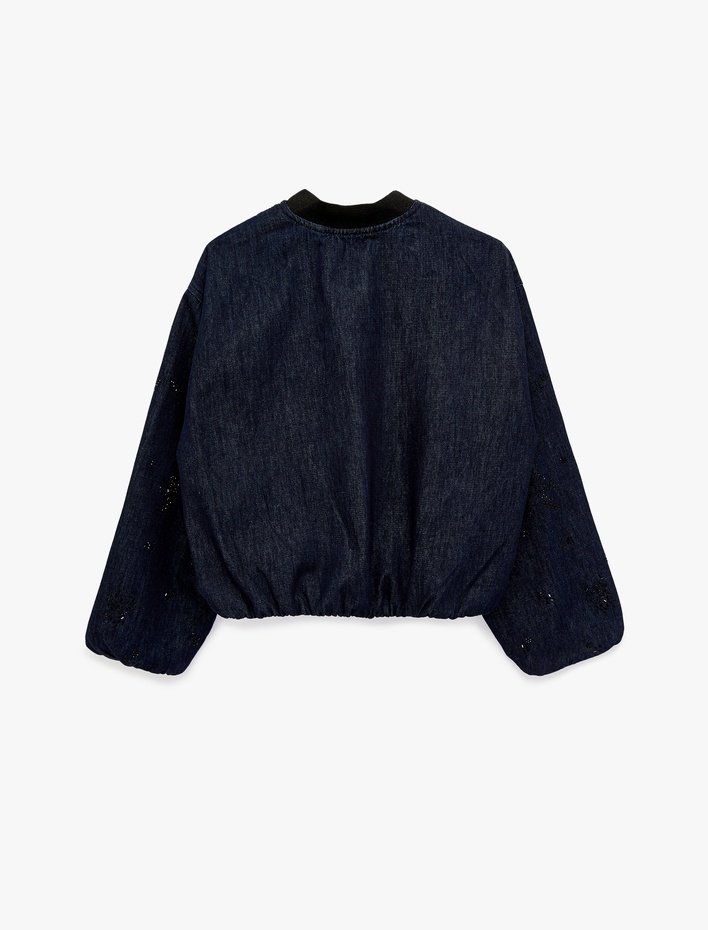  Taş Detaylı Uzun Kollu Düğmeli Yuvarlak Yaka Denim Ceket