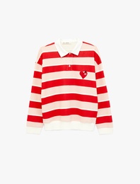 Polo Yaka Düğmeli Uzun Kollu Oversize Kalpli Çizgili Sweatshirt