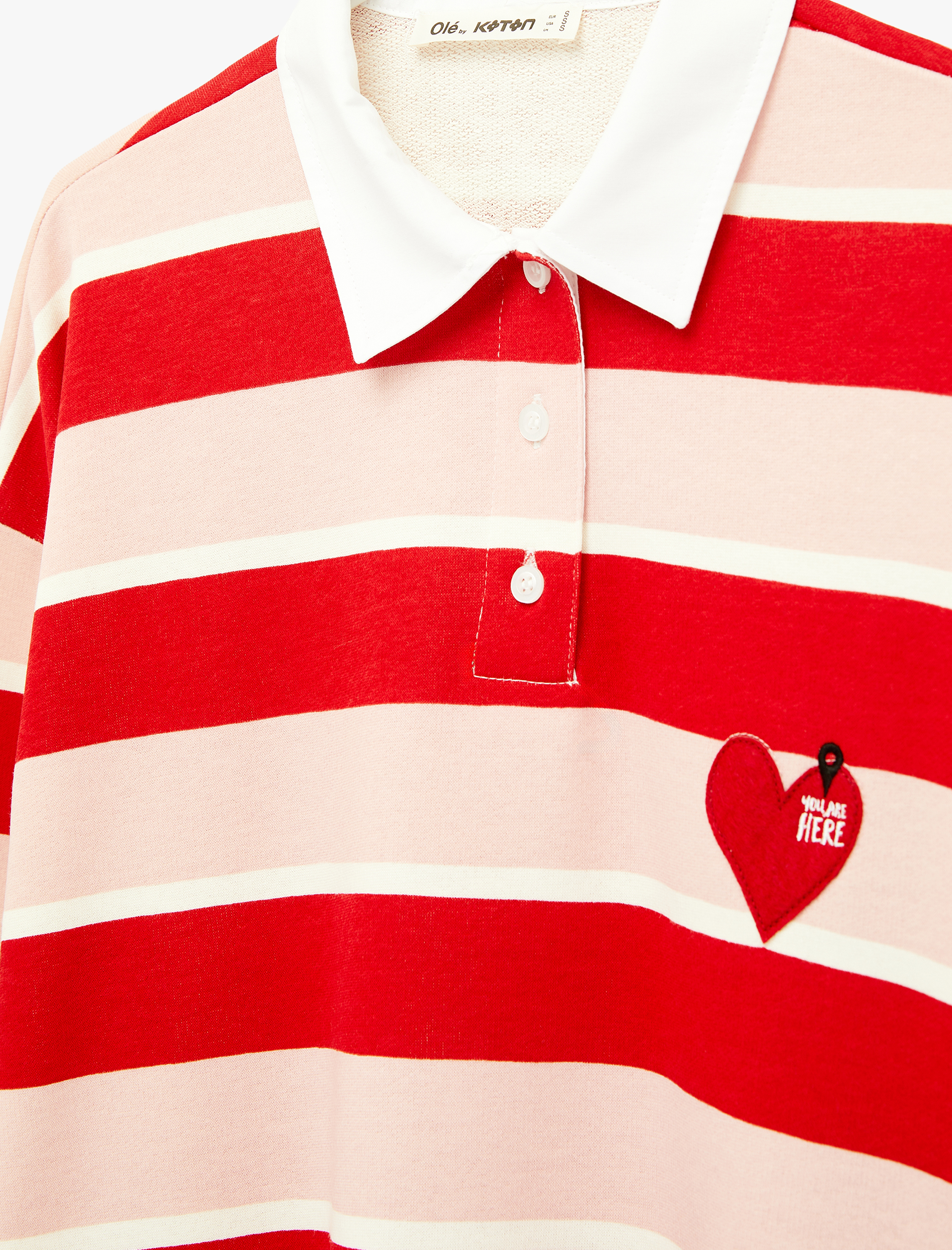   Polo Yaka Düğmeli Uzun Kollu Oversize Kalpli Çizgili Sweatshirt