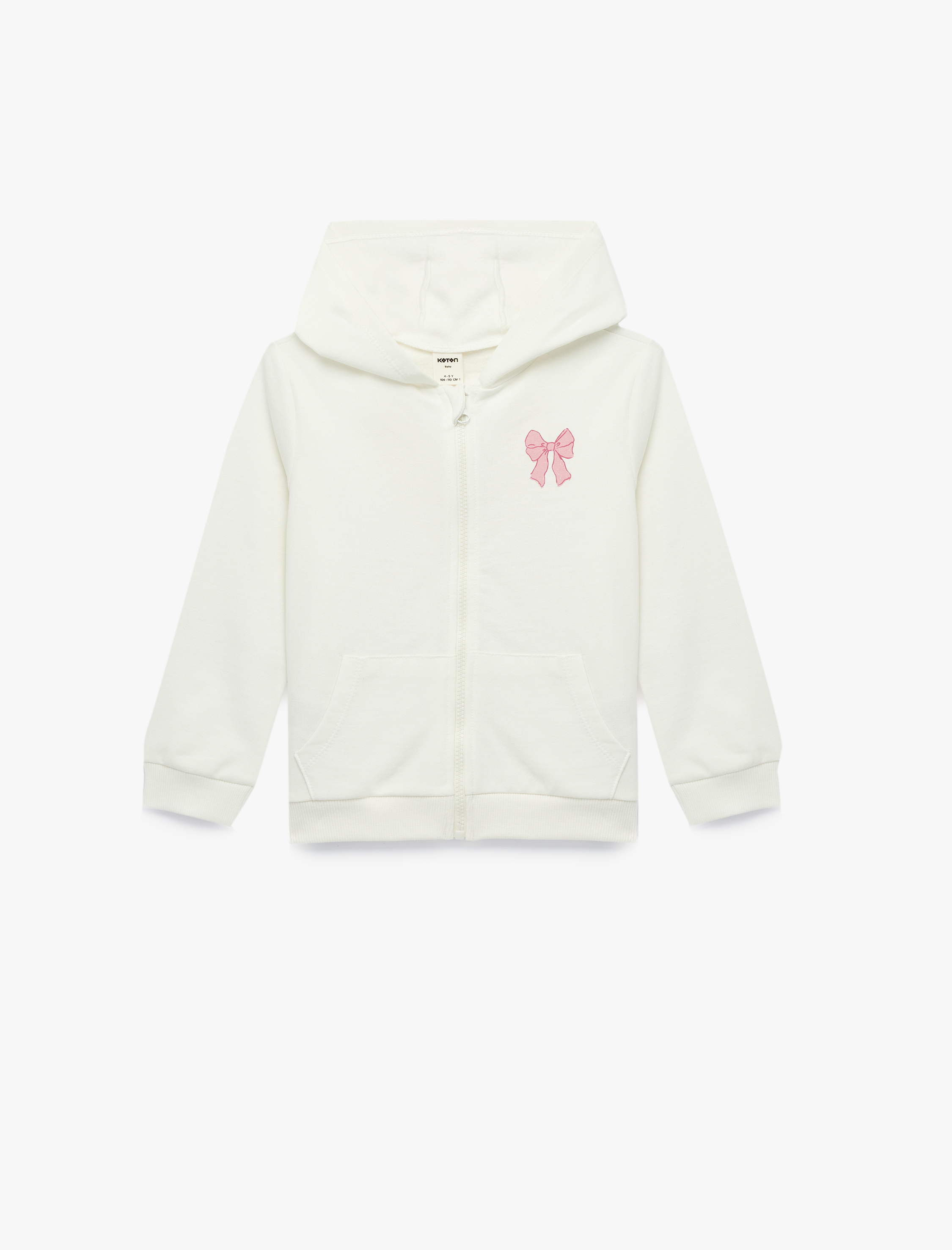  Kız Bebek Fiyonk Detaylı Uzun Kollu Kapşonlu Pamuklu Şardonlu Fermuarlı Sweatshirt