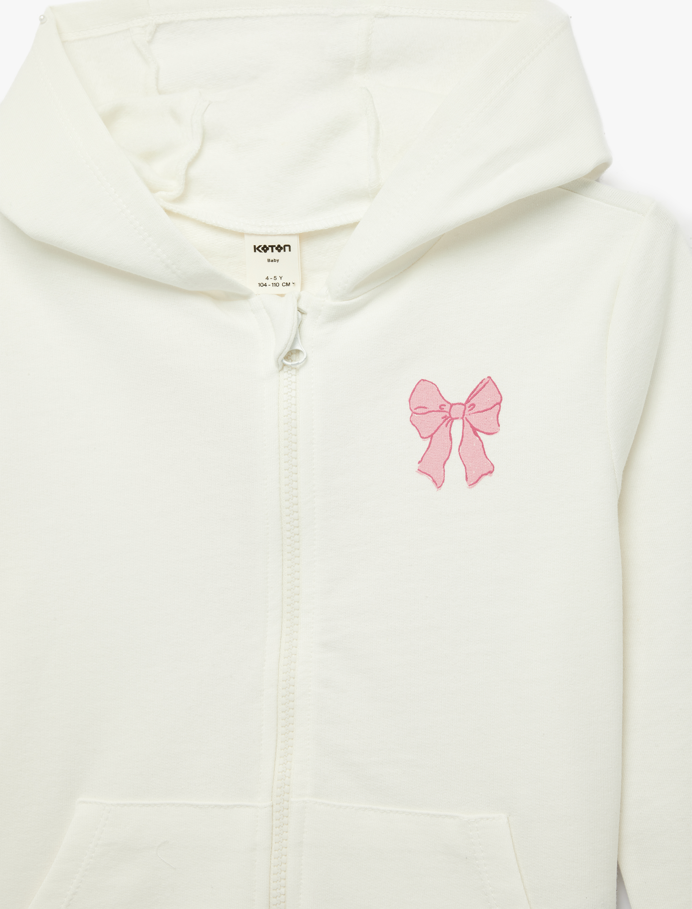  Kız Bebek Fiyonk Detaylı Uzun Kollu Kapşonlu Pamuklu Şardonlu Fermuarlı Sweatshirt