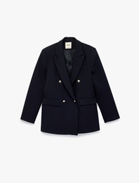 Kruvaze Yaka Uzun Kollu Cep Detaylı Metal Düğmeli Blazer Ceket