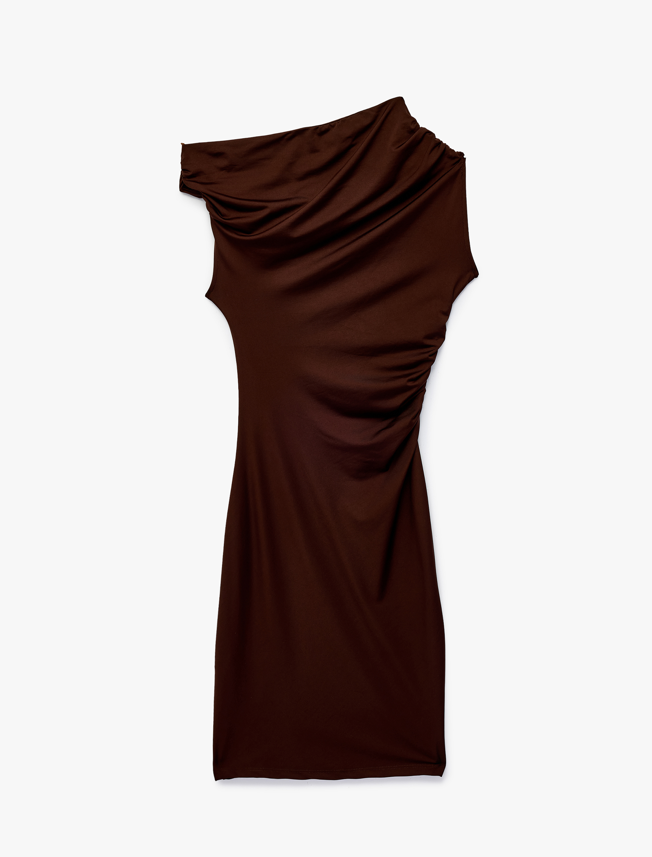   Kolsuz Slim Fit Kayık Asimetrik Yaka Omzu Açık Mini Elbise