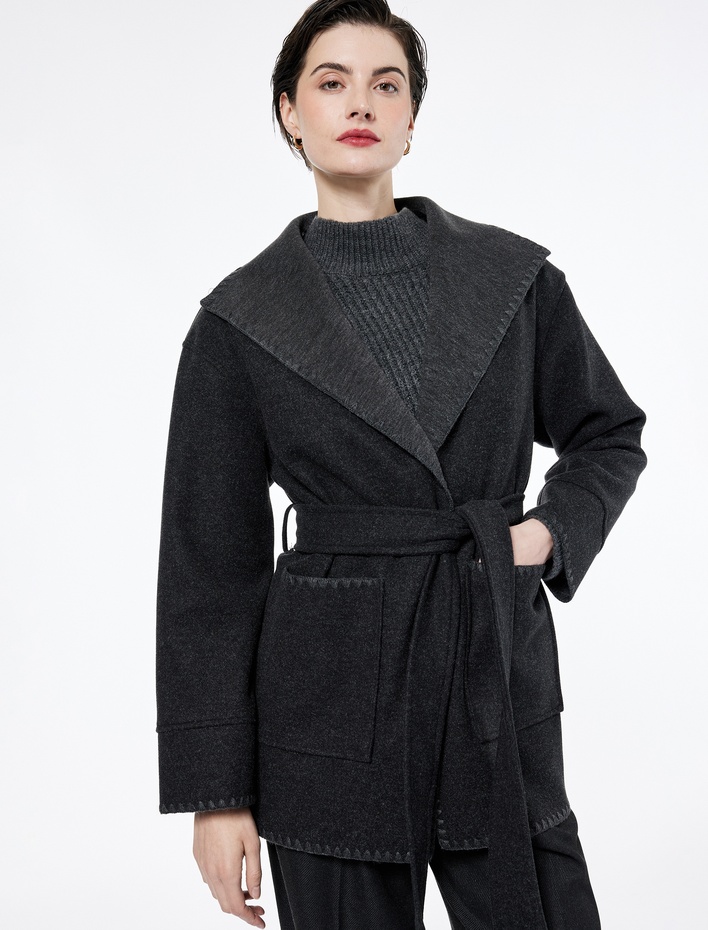  Çoban Dikiş Detaylı Kemerli Cepli Uzun Kollu Kaşe Mont