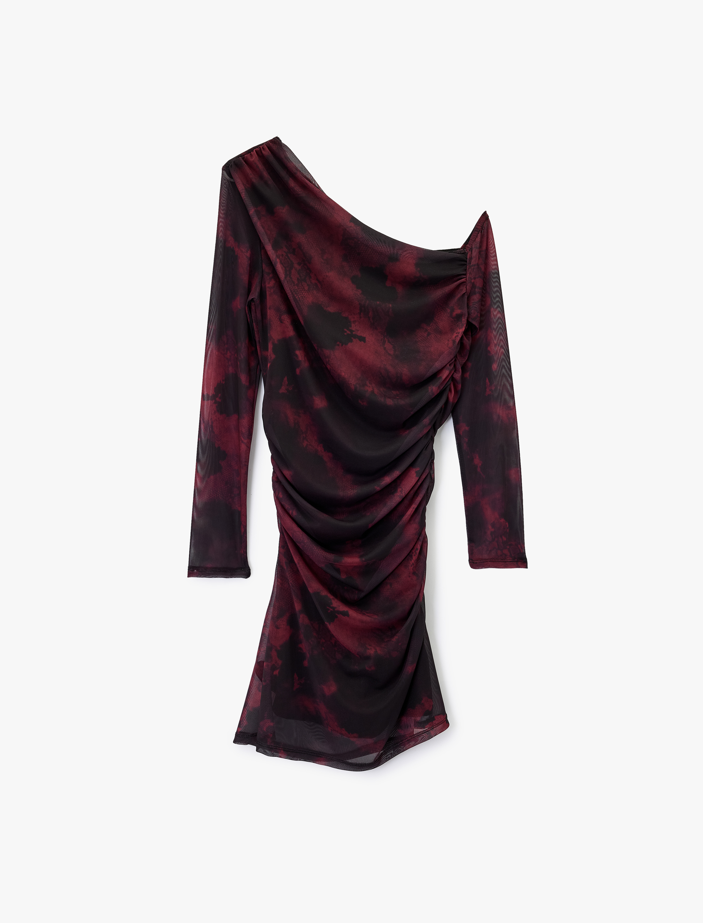   Asimetrik Yaka Uzun Kollu Slim Fit Çiçekli Drapeli Mini Tül Elbise