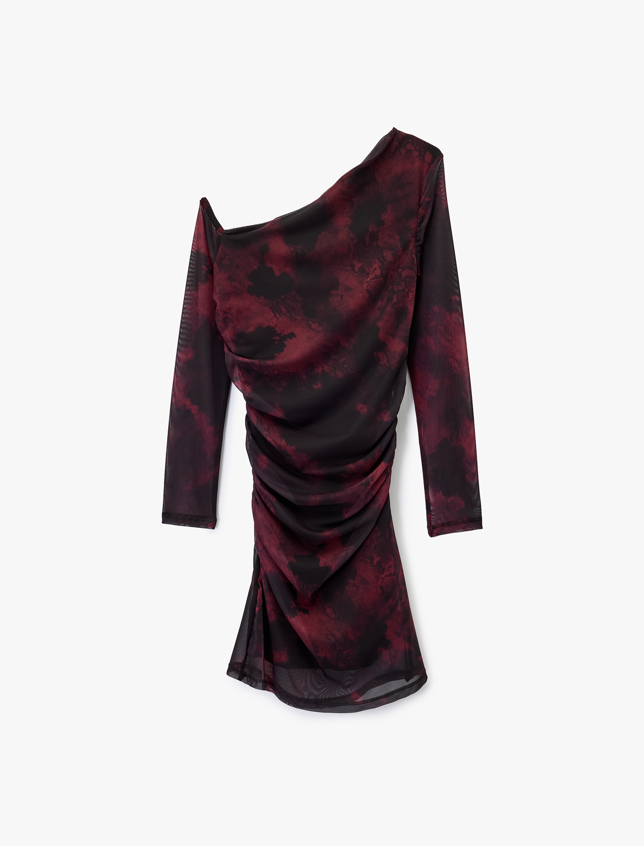   Asimetrik Yaka Uzun Kollu Slim Fit Çiçekli Drapeli Mini Tül Elbise