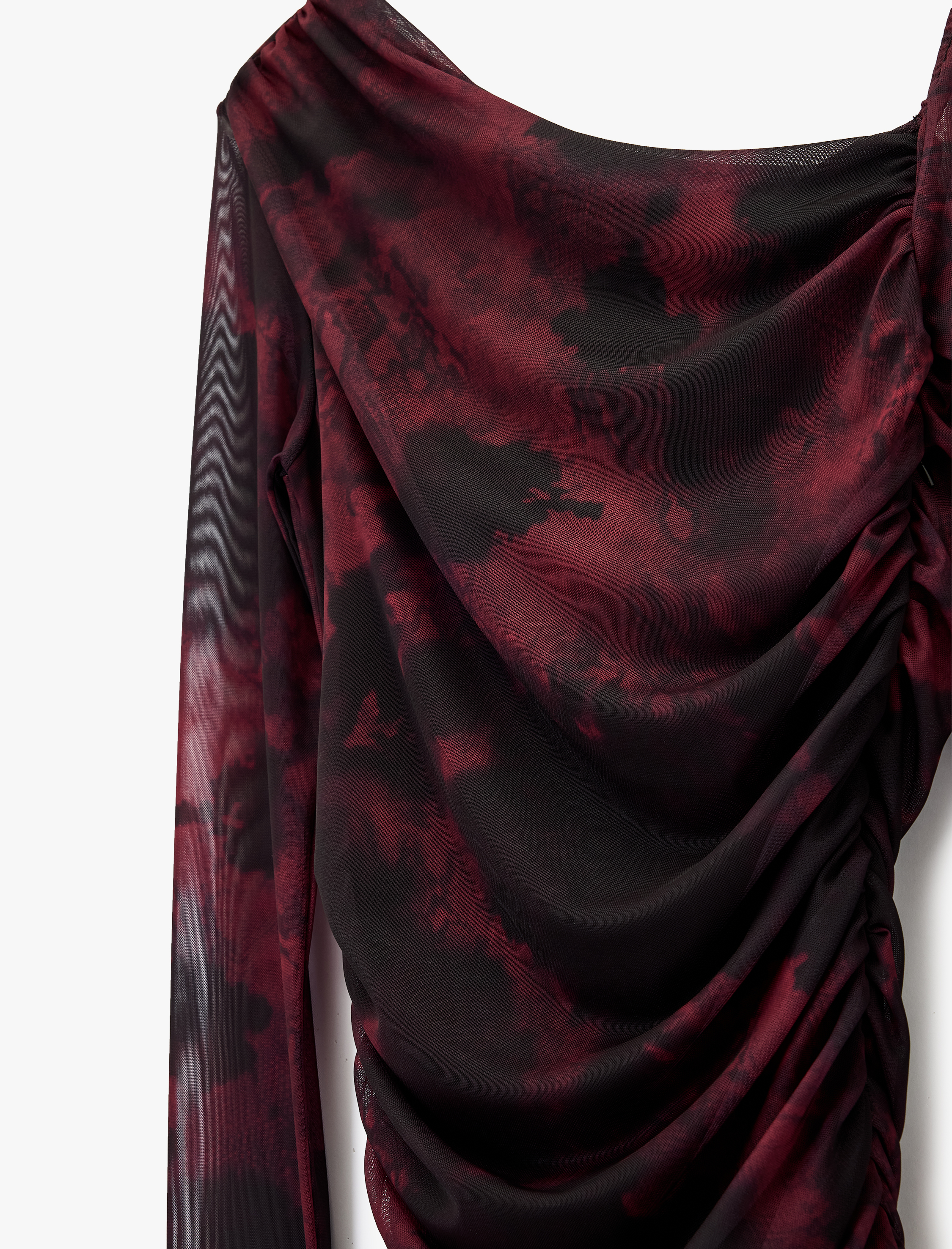   Asimetrik Yaka Uzun Kollu Slim Fit Çiçekli Drapeli Mini Tül Elbise