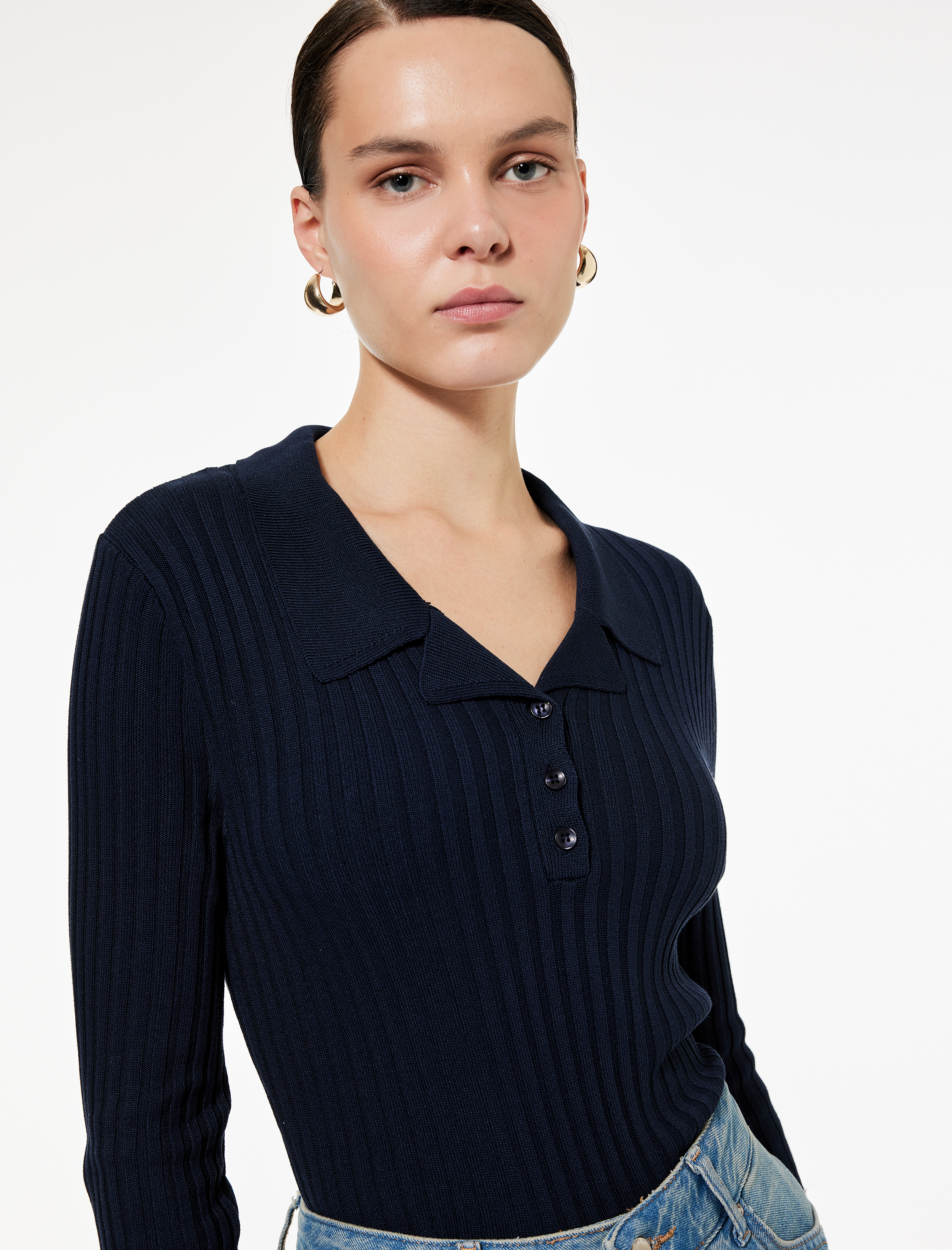   Yarım Düğme Detaylı Uzun Kollu Polo Yaka Triko Kazak