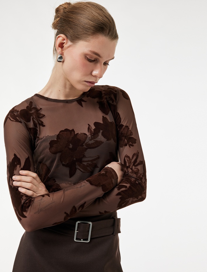  Uzun Kollu Bisiklet Yaka Çiçekli Tül Transparan Bluz