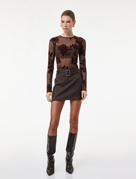 Uzun Kollu Bisiklet Yaka Çiçekli Tül Transparan Bluz