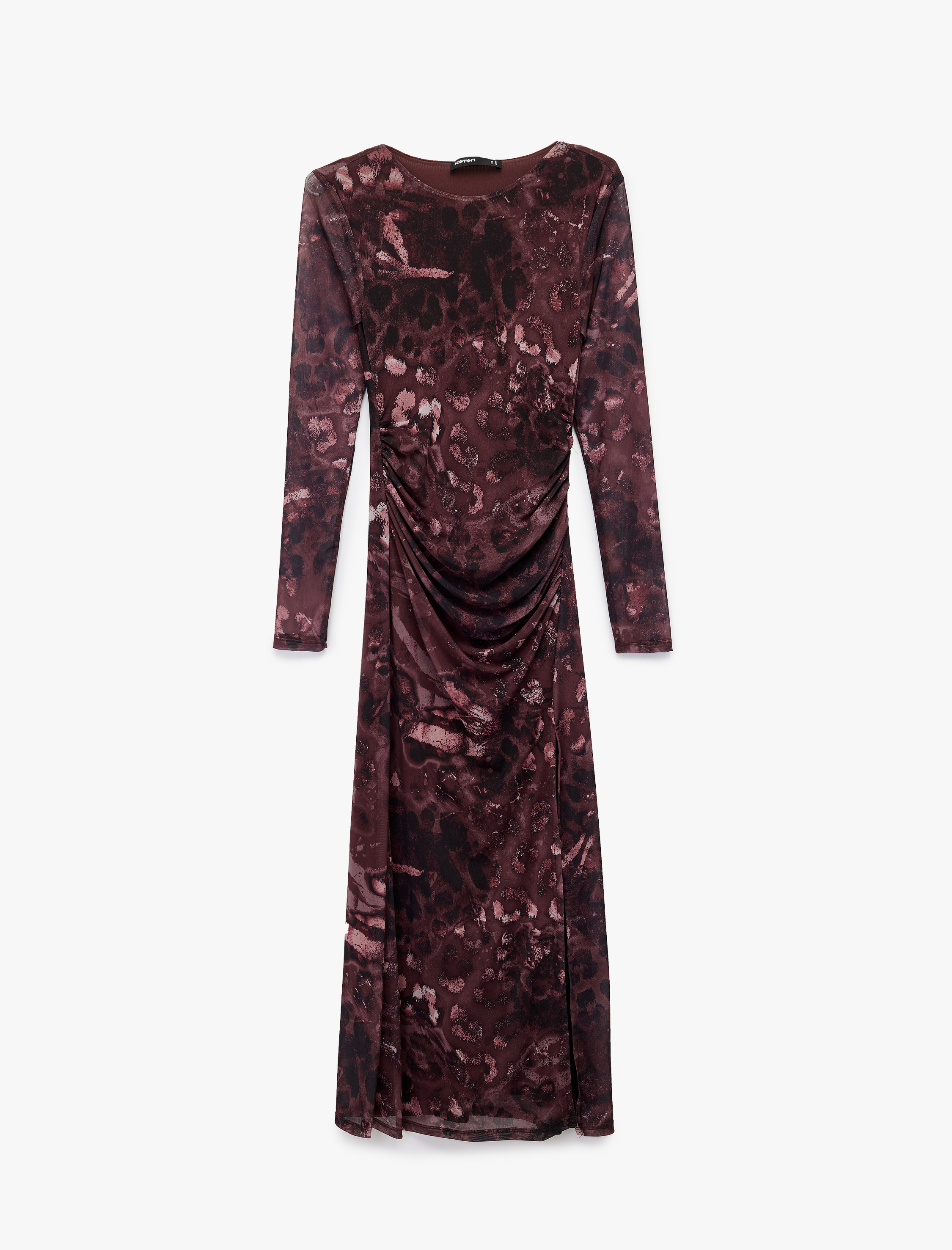   Uzun Kollu Yırtmaç Detaylı Drapeli Desenli Kalem Elbise