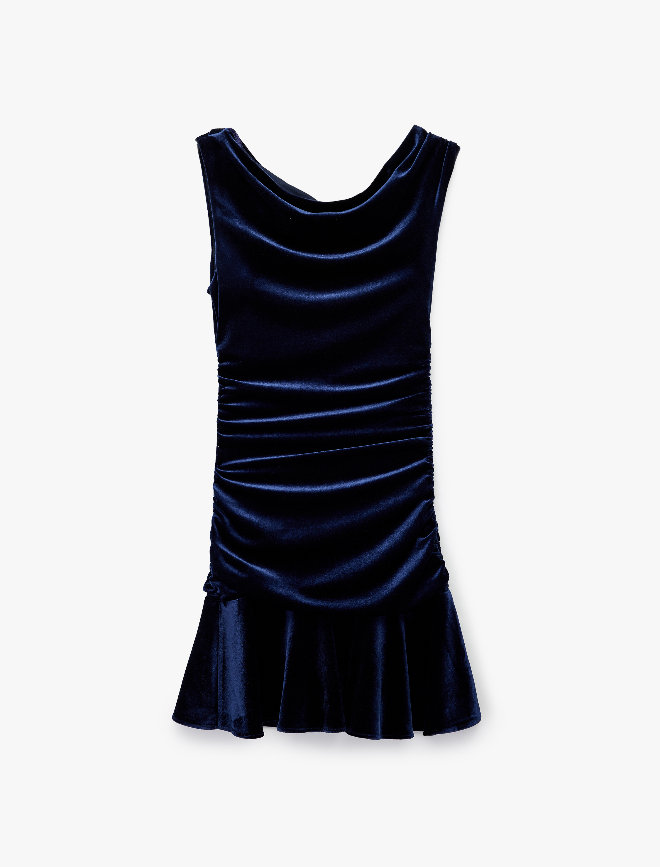   Asimetrik Yaka Kolsuz Omzu Açık Volanlı Kadife Mini Abiye Elbise