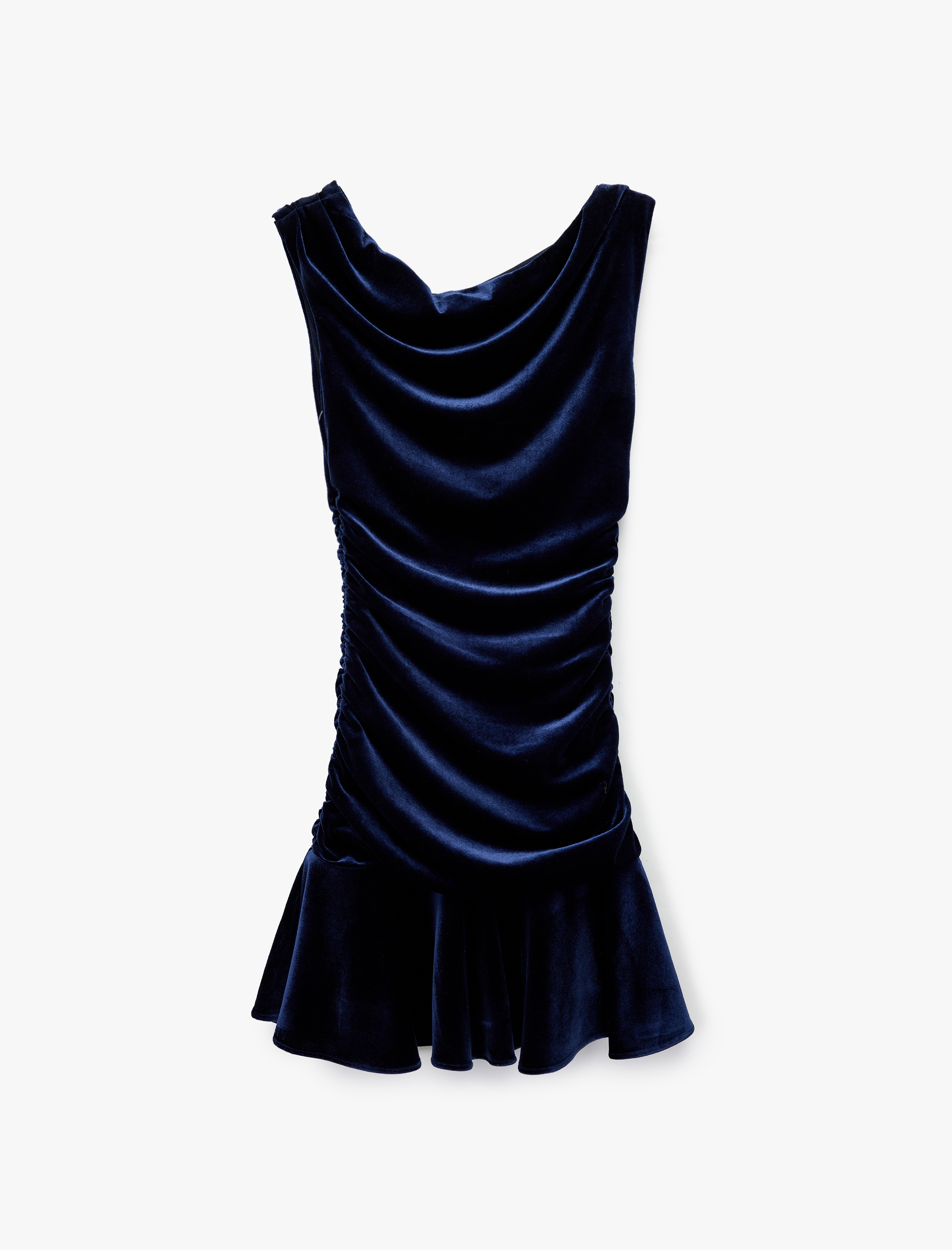   Asimetrik Yaka Kolsuz Omzu Açık Volanlı Kadife Mini Abiye Elbise