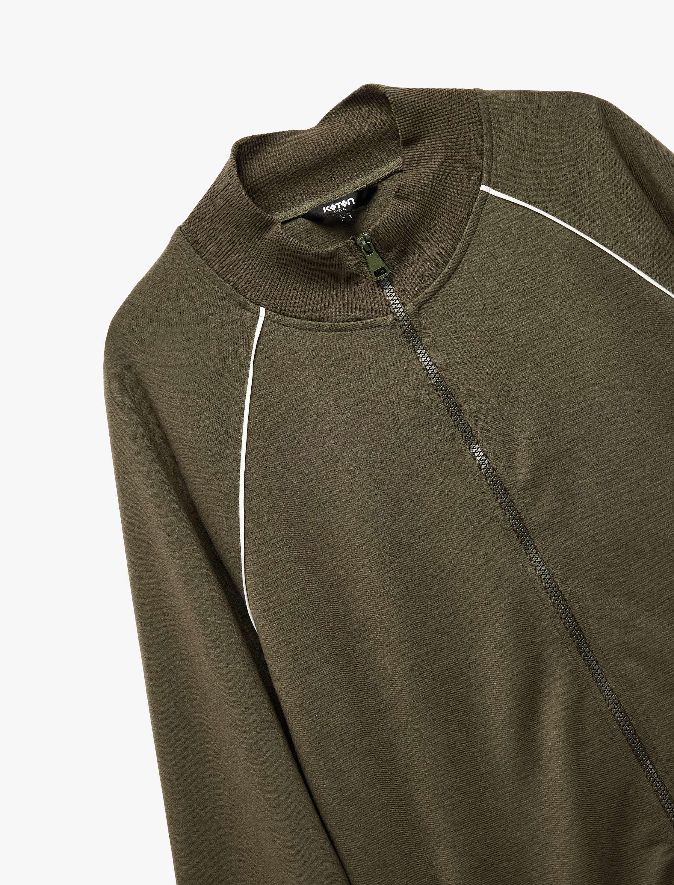   Uzun Kollu Çizgi Detaylı Cepli Pamuklu Dik Yaka Fermuarlı Sweatshirt