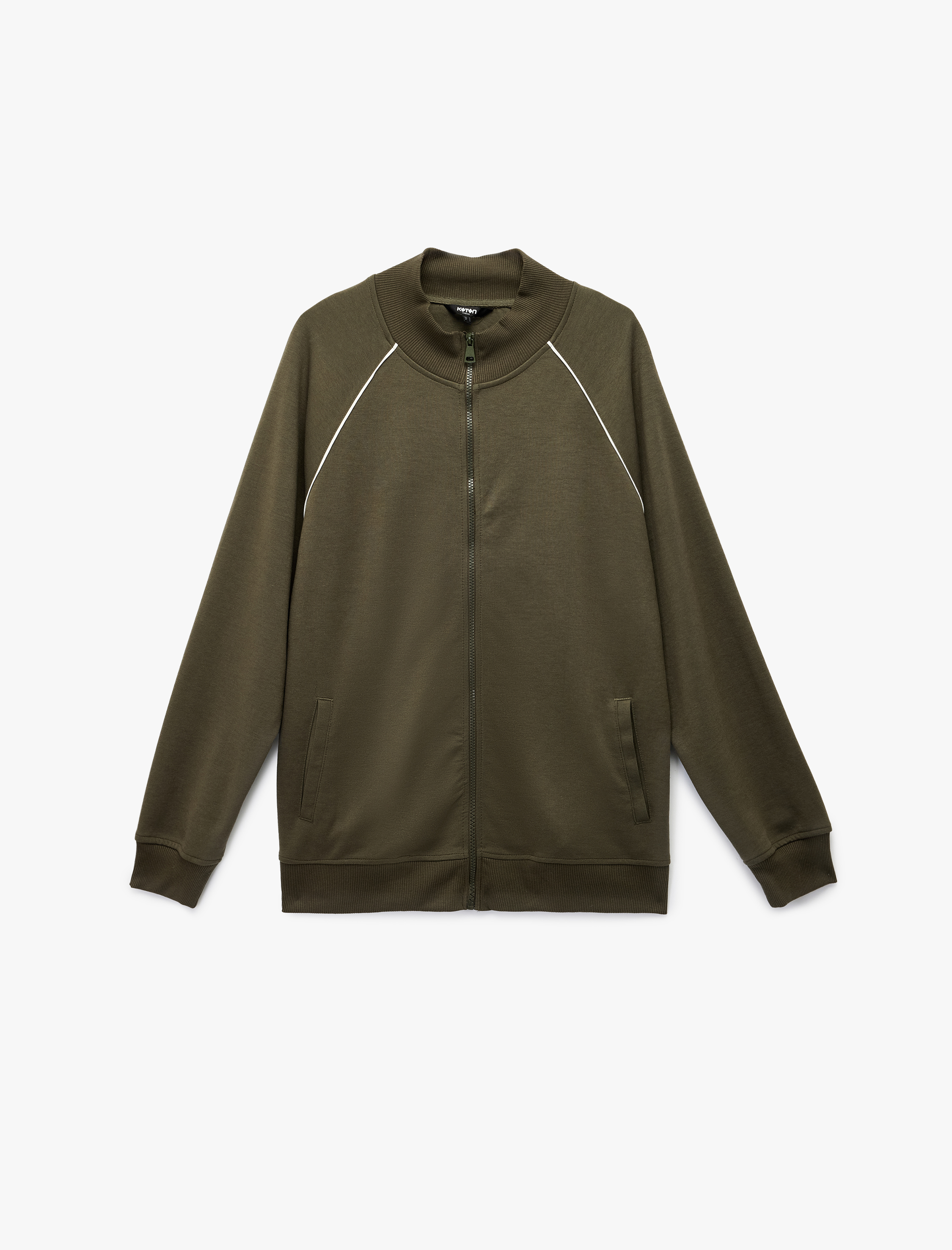   Uzun Kollu Çizgi Detaylı Cepli Pamuklu Dik Yaka Fermuarlı Sweatshirt