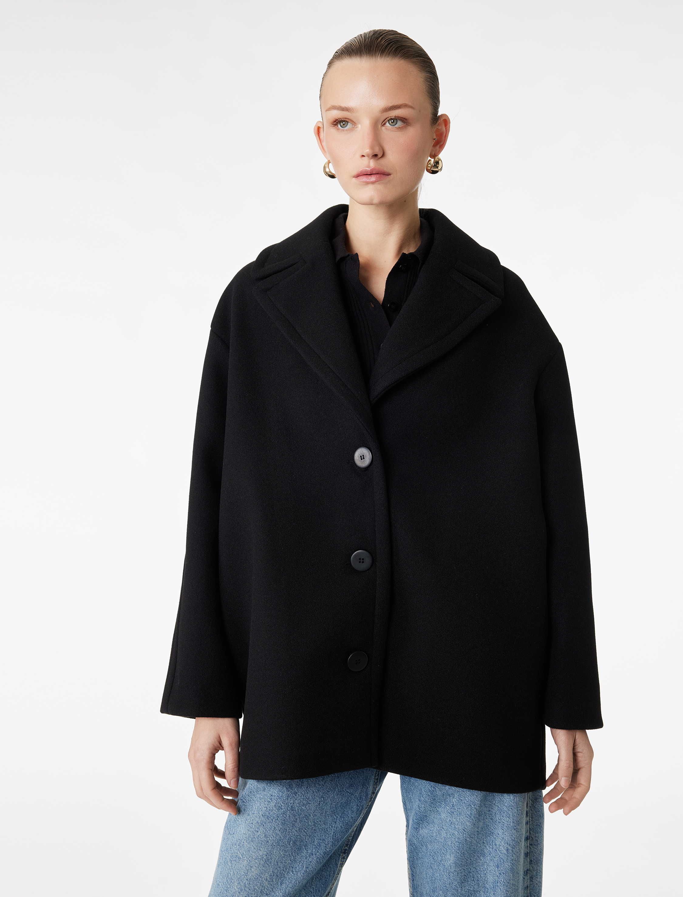   Uzun Kollu Cepli Düğmeli Kaşe Oversize Kaban