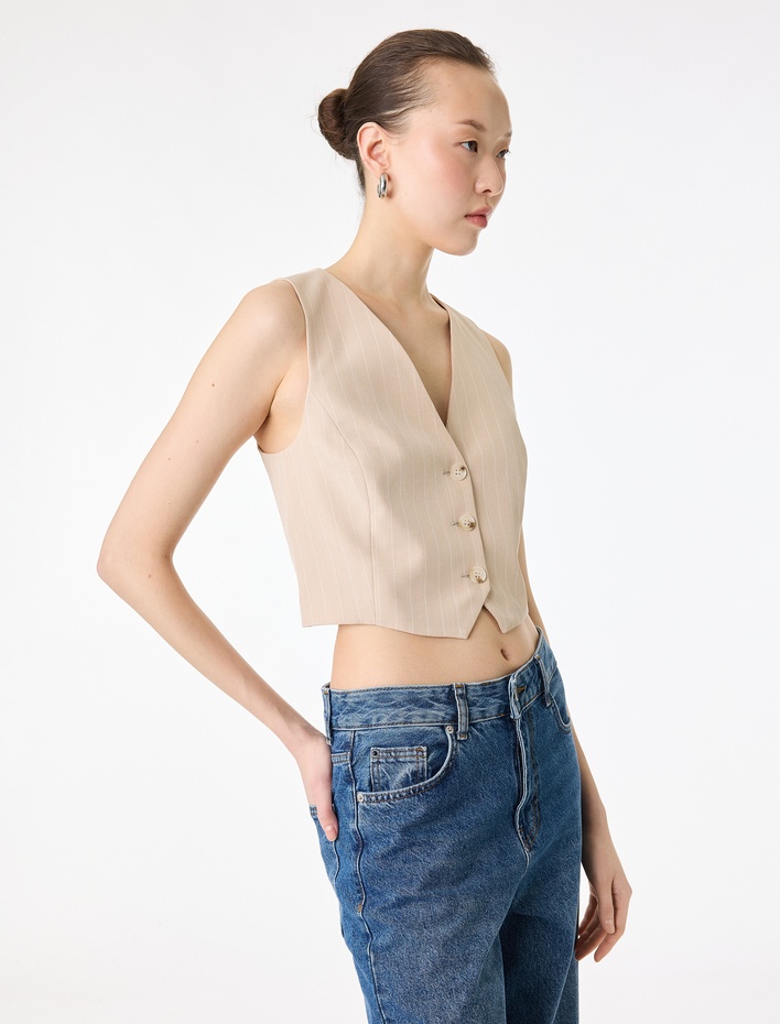  Düğmeli Kruvaze Çizgili Blazer Yelek