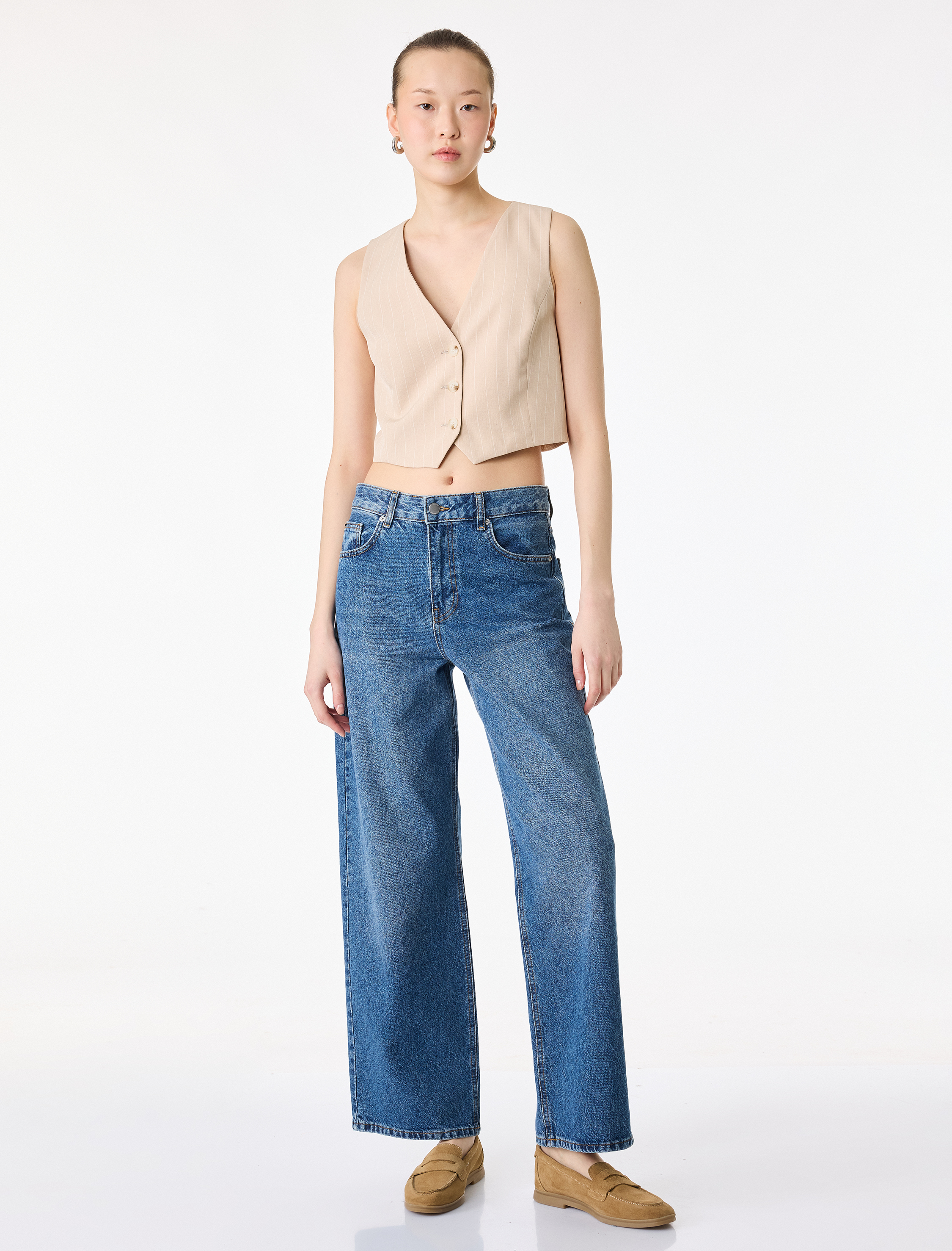   Düğmeli Kruvaze Çizgili Blazer Yelek