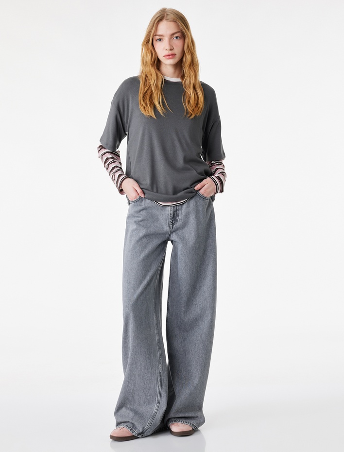  Kısa Kollu Bisiklet Yaka Modal Karışımlı Basic Oversize Tişört