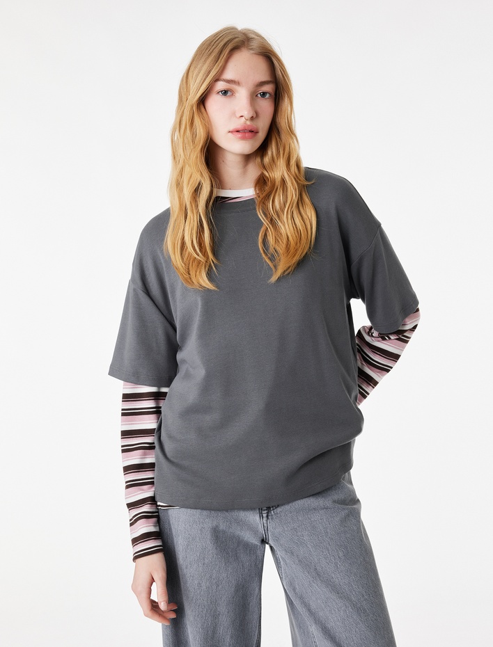  Kısa Kollu Bisiklet Yaka Modal Karışımlı Basic Oversize Tişört