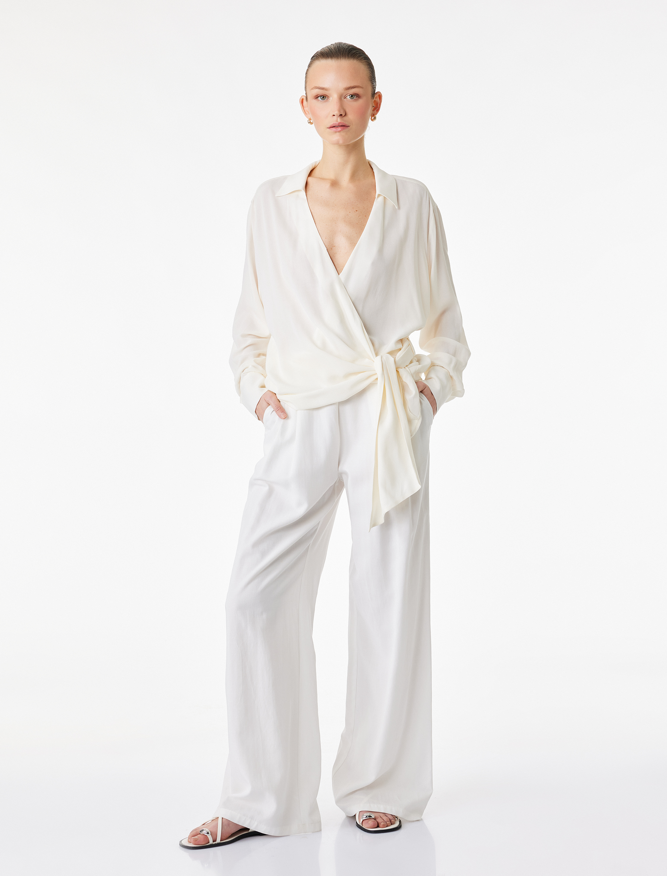   Viskon Gömlek Yaka Uzun Kollu Yandan Bağlama Detaylı Bluz