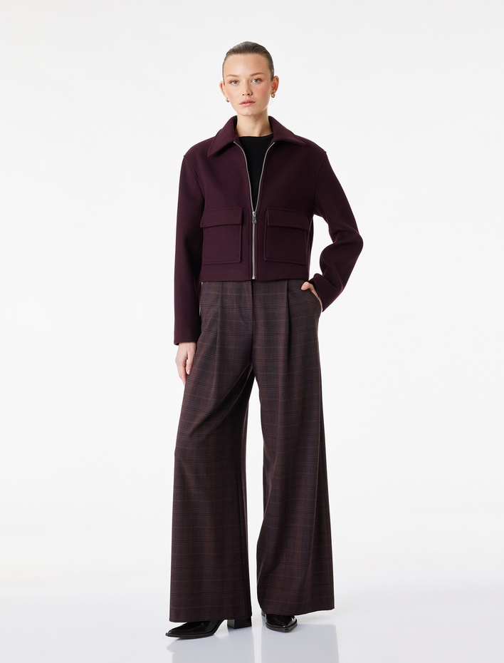  Cepli Pile Detaylı Düz Geniş Paça Ekose Pantolon