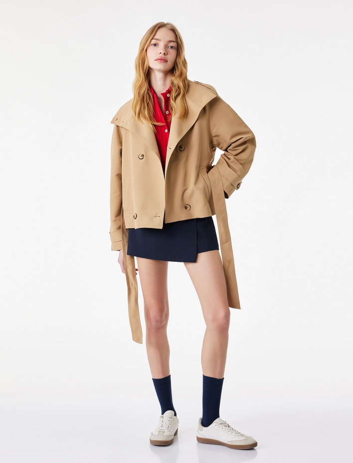  Cepli Kemerli Düğmeli Dik Yaka Uzun Kollu Gabardin Ceket