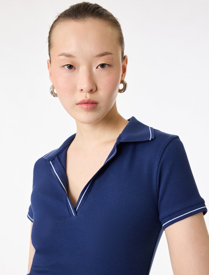  Pamuklu Kısa Kollu Polo Yaka Fitilli Tişört