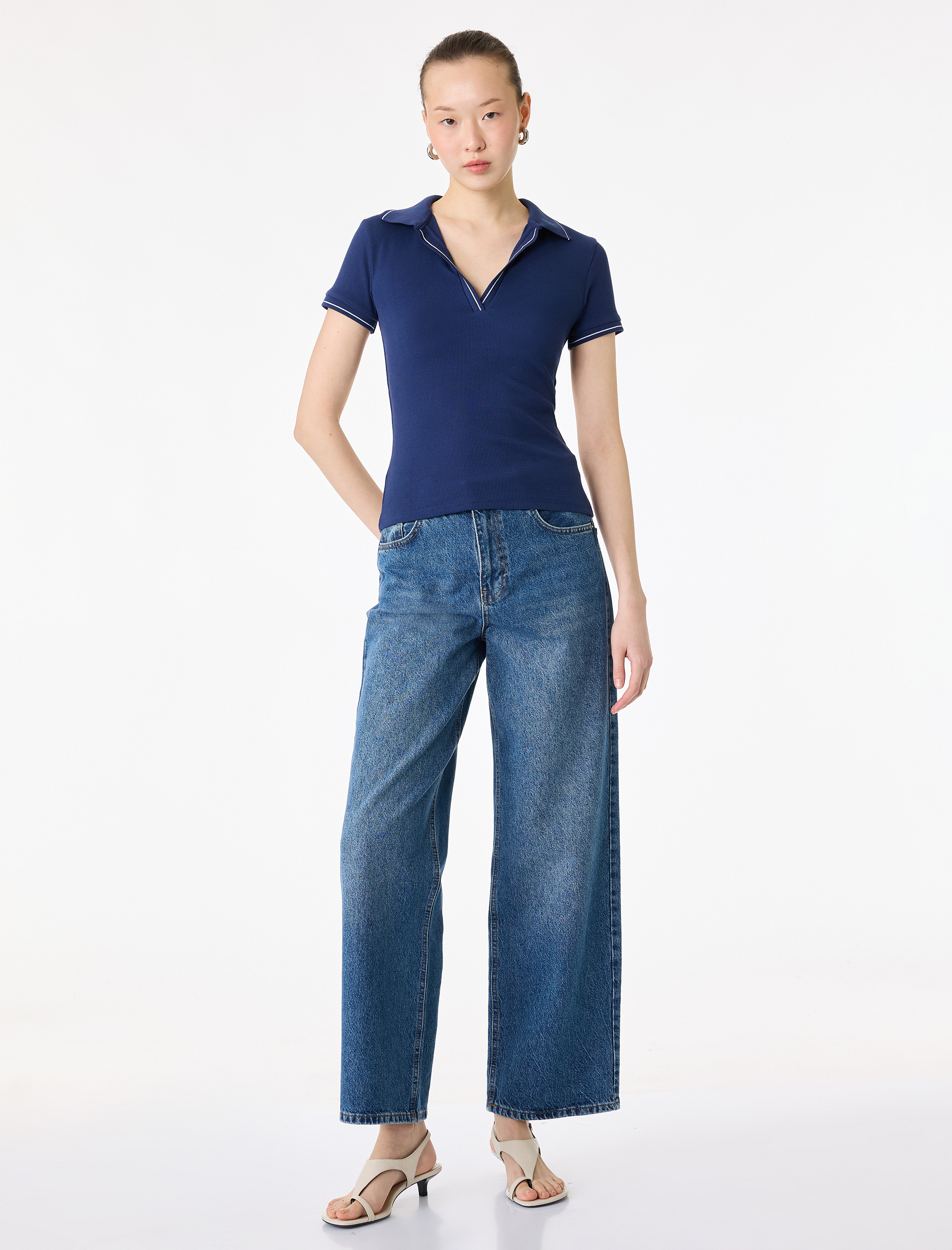   Pamuklu Kısa Kollu Polo Yaka Fitilli Tişört