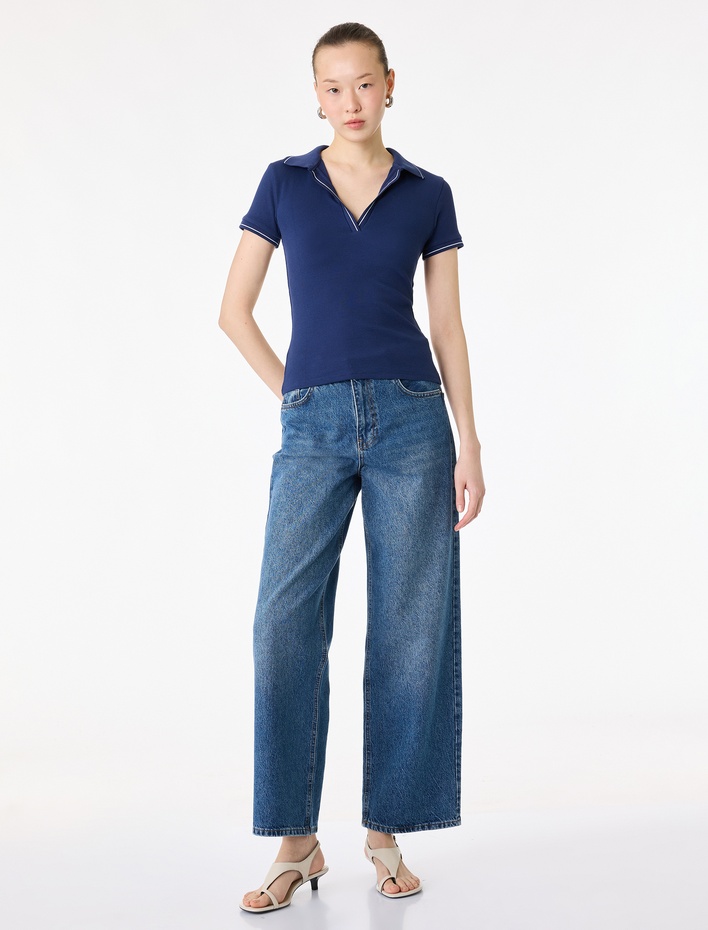  Pamuklu Kısa Kollu Polo Yaka Fitilli Tişört