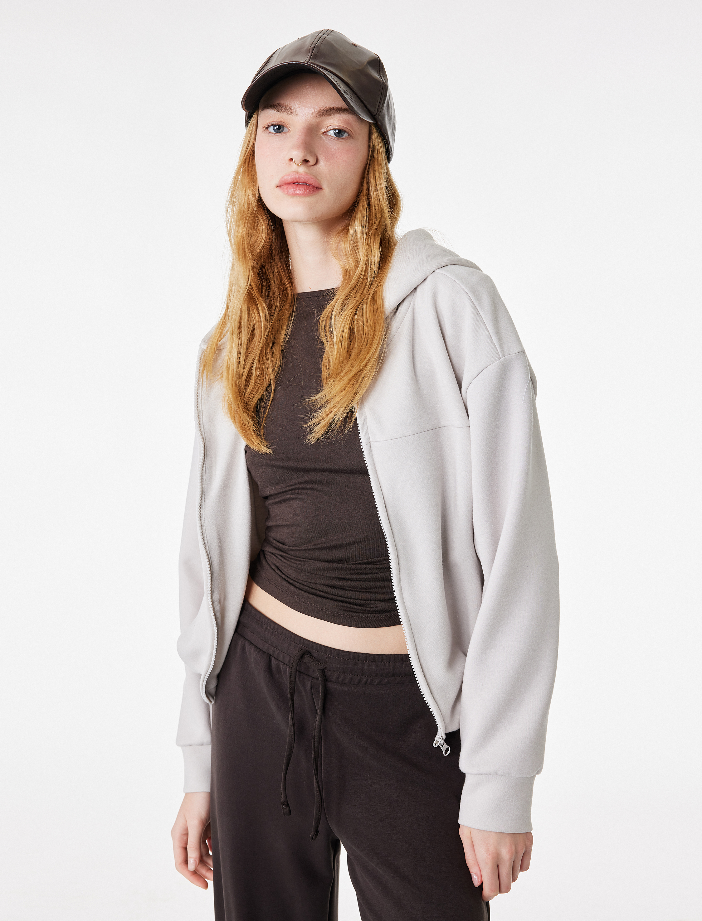   Modal Karışımlı Kapüşonlu Oversize Fermuarlı Sweatshirt