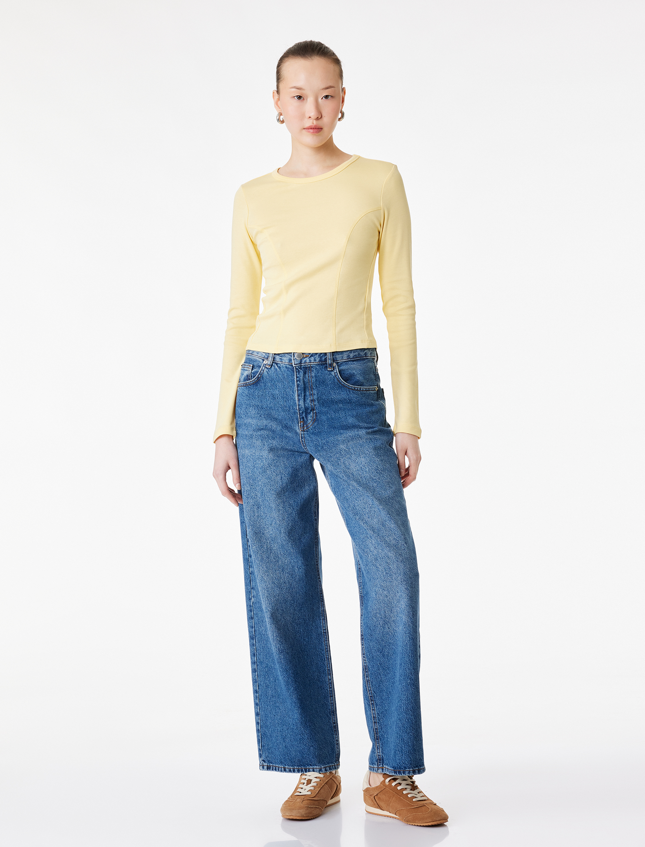   Pamuklu Slim Fit Uzun Kollu Dikiş Detaylı Bisiklet Yaka Tişört