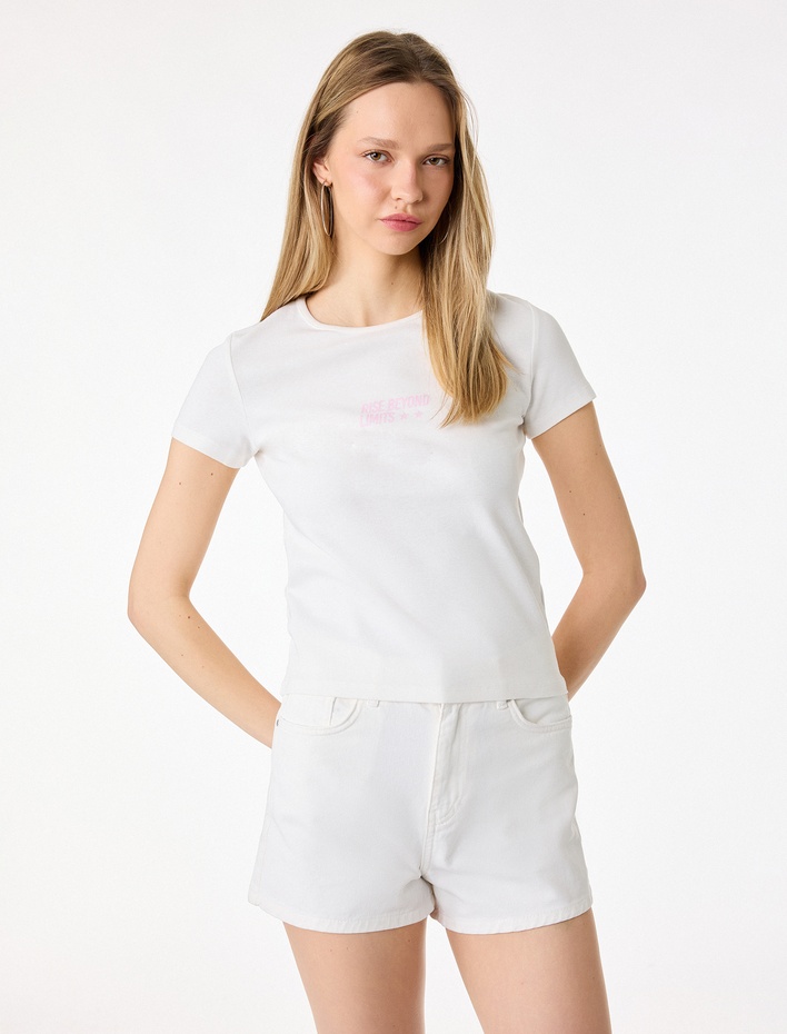  Kısa Kollu Bisiklet Yaka Taşlı Arkası Melek Baskılı Crop Tişört