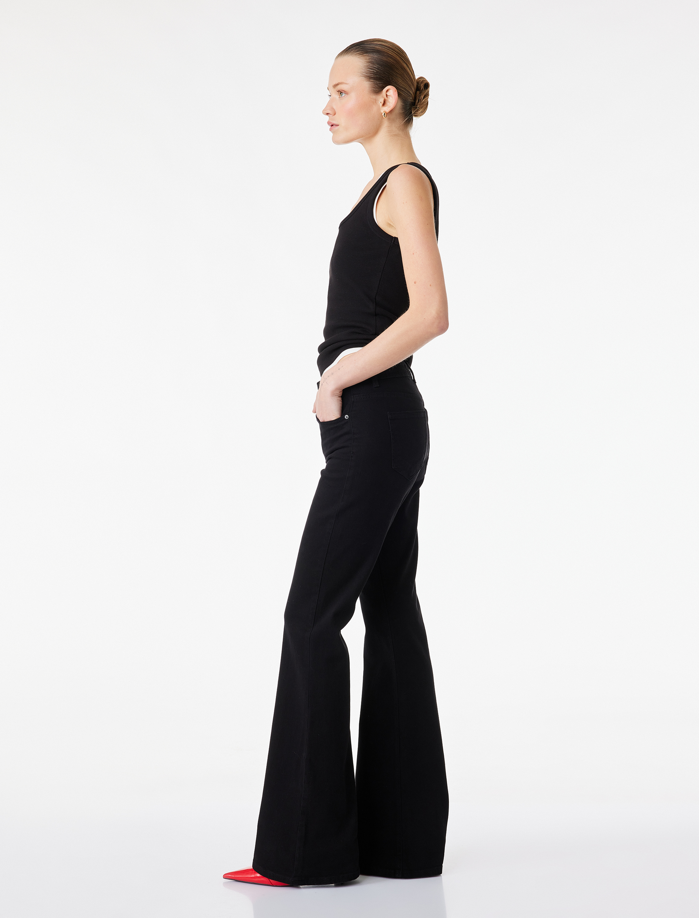   Yüksek Bel Slim Fit Cepli Düğmeli Pamuklu İspanyol Paça Denim Pantolon - Flare Jeans