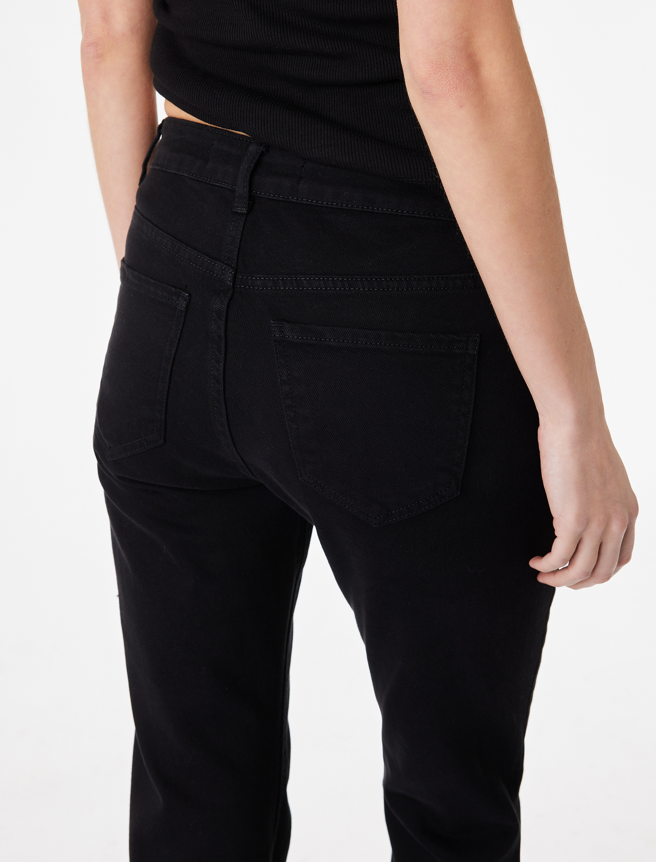   Yüksek Bel Slim Fit Cepli Düğmeli Pamuklu İspanyol Paça Denim Pantolon - Flare Jeans