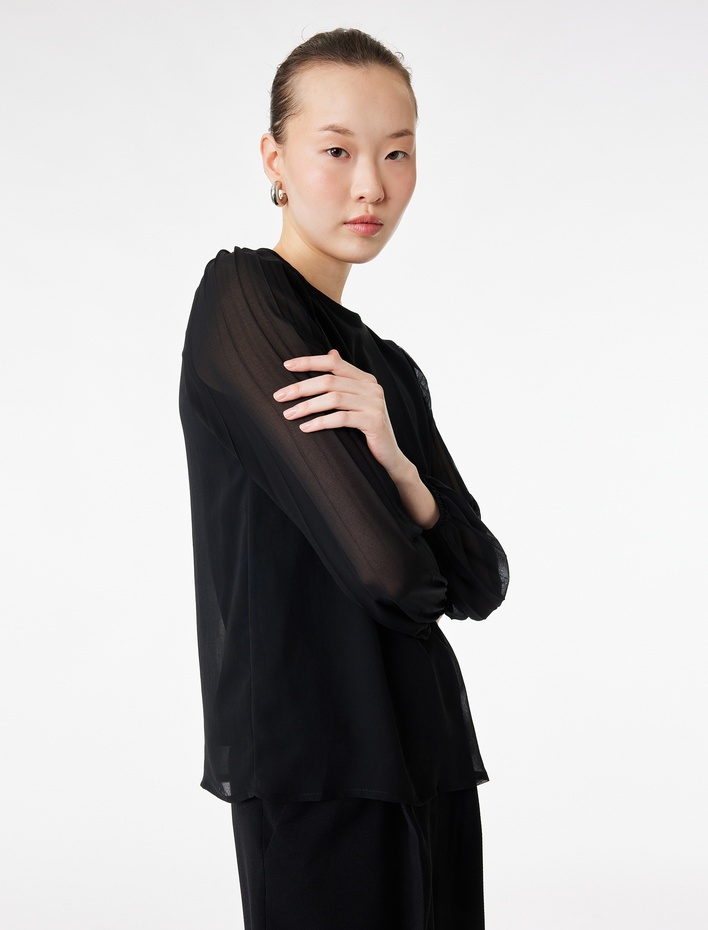  Uzun Kollu Pile Detaylı Bisiklet Yaka Şifon Bluz