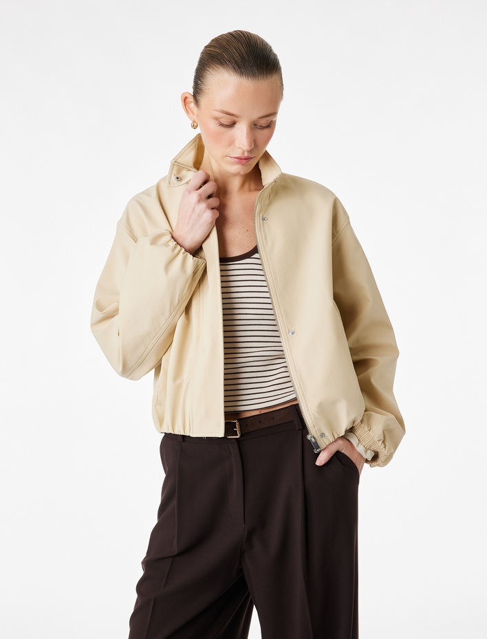  Uzun Kollu Cepli Fermuarlı Dik Yaka Crop Gabardin Bomber Ceket