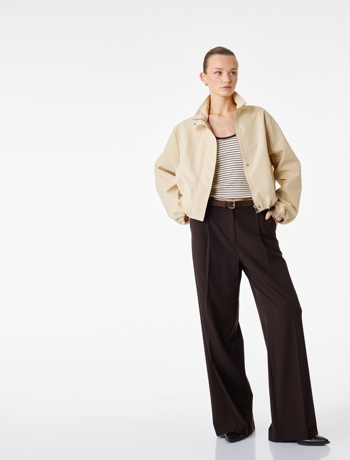  Uzun Kollu Cepli Fermuarlı Dik Yaka Crop Gabardin Bomber Ceket