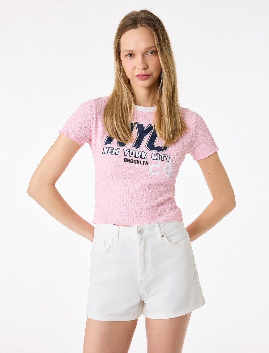 Koton Kadın Slim Fit Kısa Kollu Bisiklet Yaka Bürümcük Baskılı Tişört