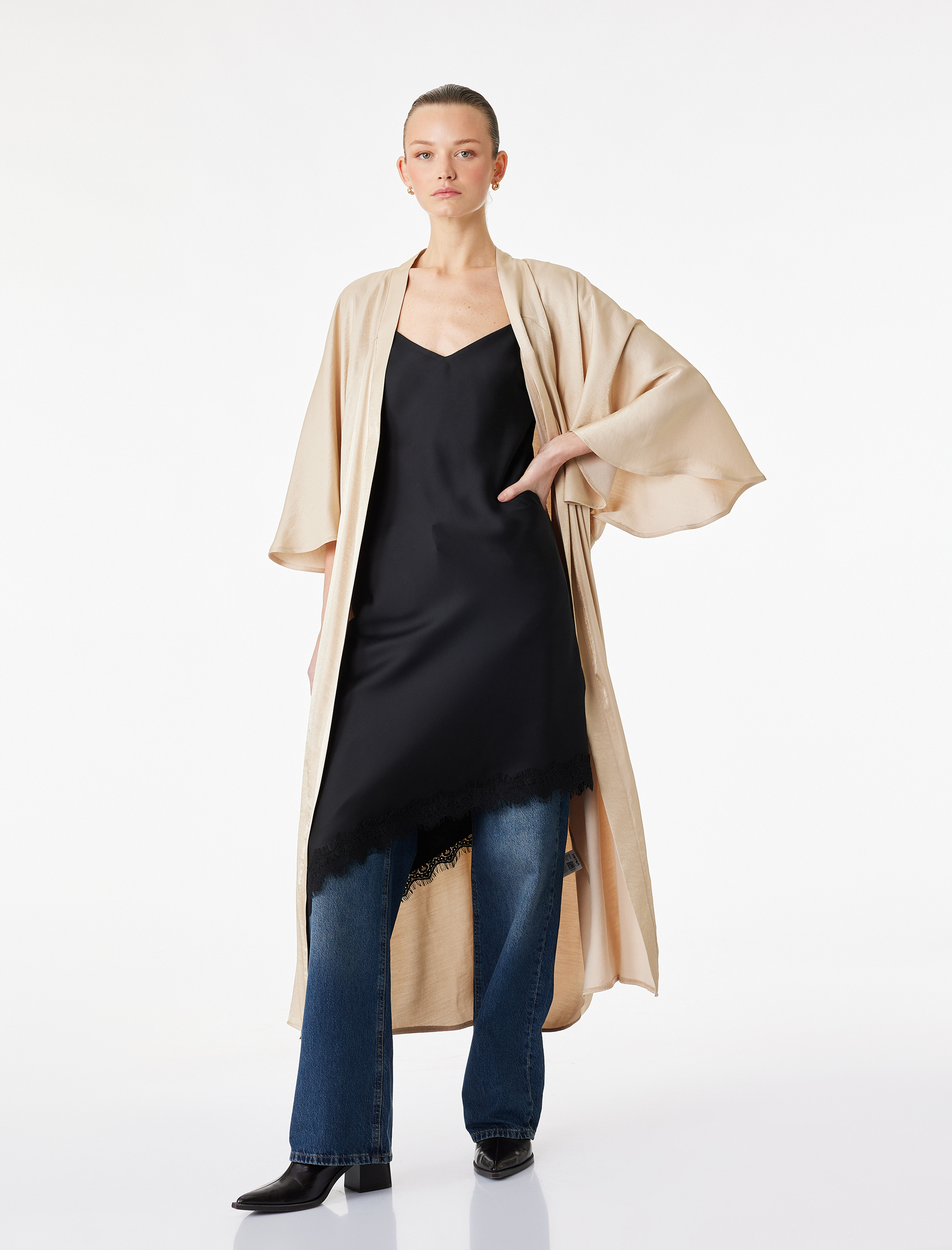   Rahat Kalıp Geniş Kol Uzun Saten Kimono Ceket