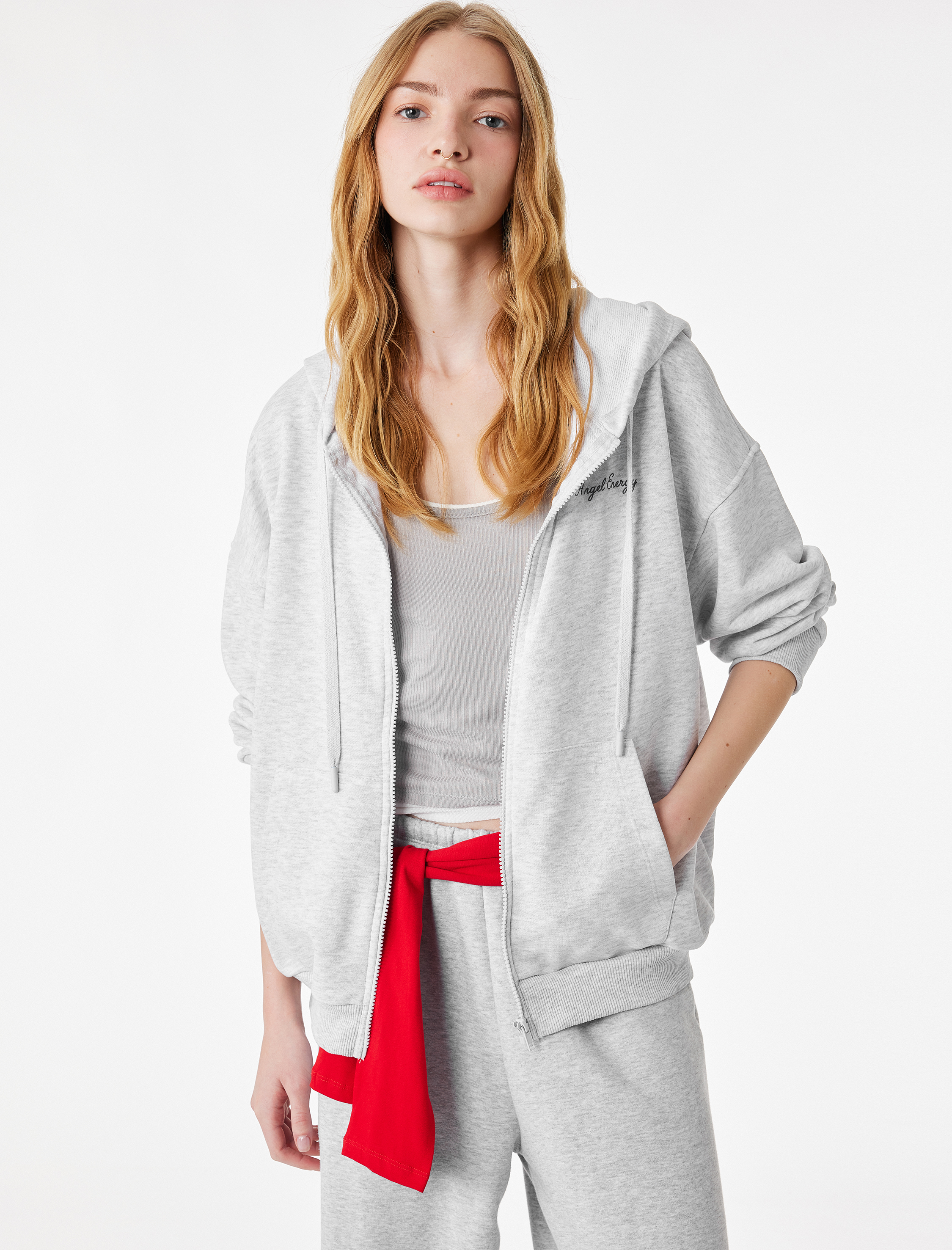   Üç İplik Uzun Kollu Fermuarlı Arkası Melek Kanadı Baskılı Kapüşonlu Sweatshirt