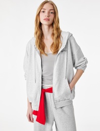 Üç İplik Uzun Kollu Fermuarlı Arkası Melek Kanadı Baskılı Kapüşonlu Sweatshirt