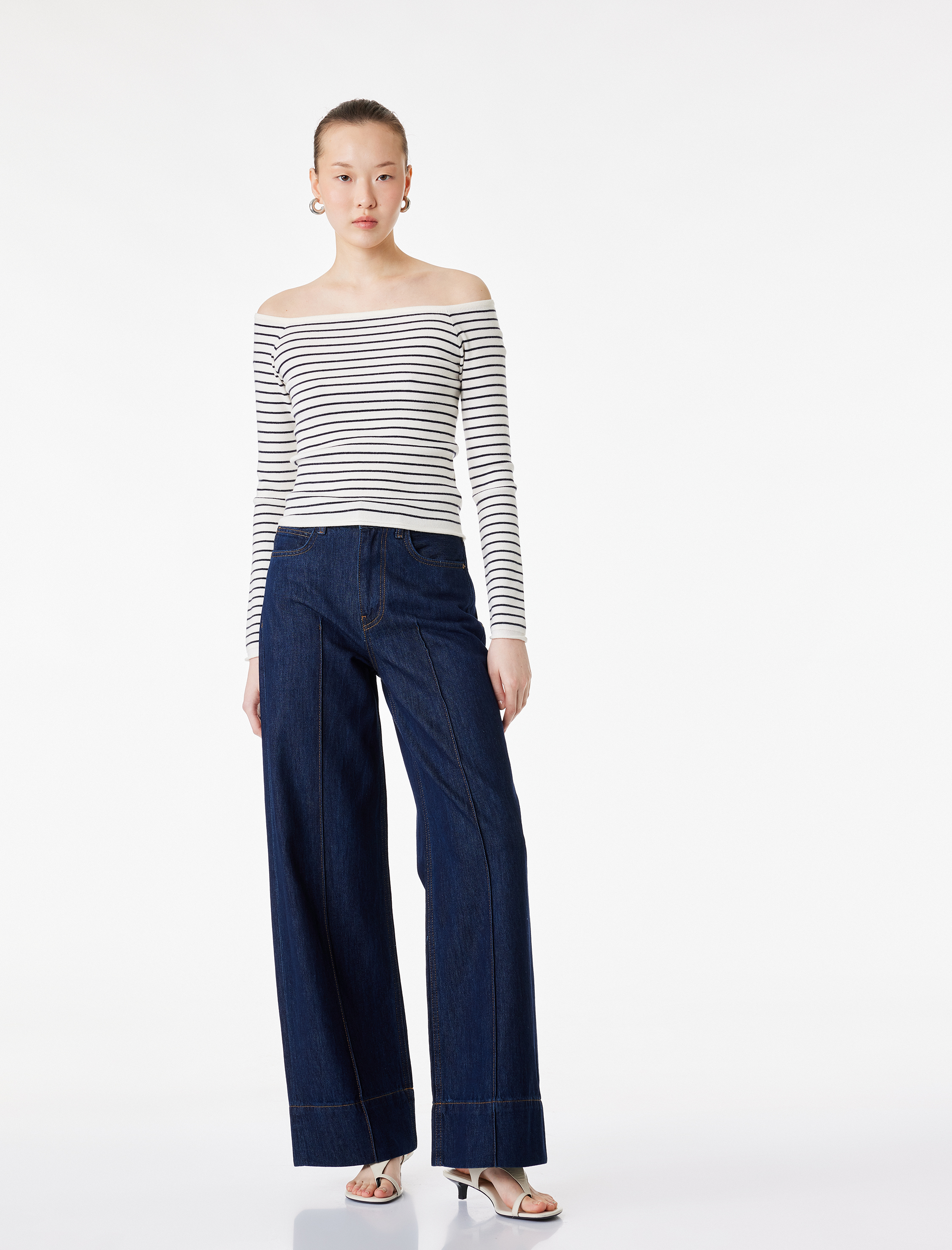   Uzun Kollu Kayık Yaka Açık Omuz Çizgili Triko Kazak