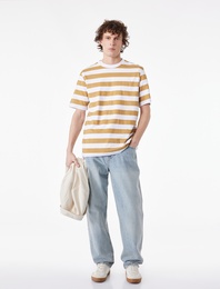 Regular Fit Kısa Kollu Bisiklet Yaka Pamuklu Çizgili Tişört