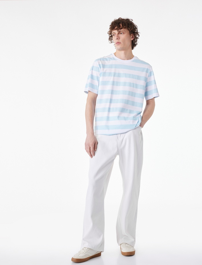  Regular Fit Kısa Kollu Bisiklet Yaka Pamuklu Çizgili Tişört