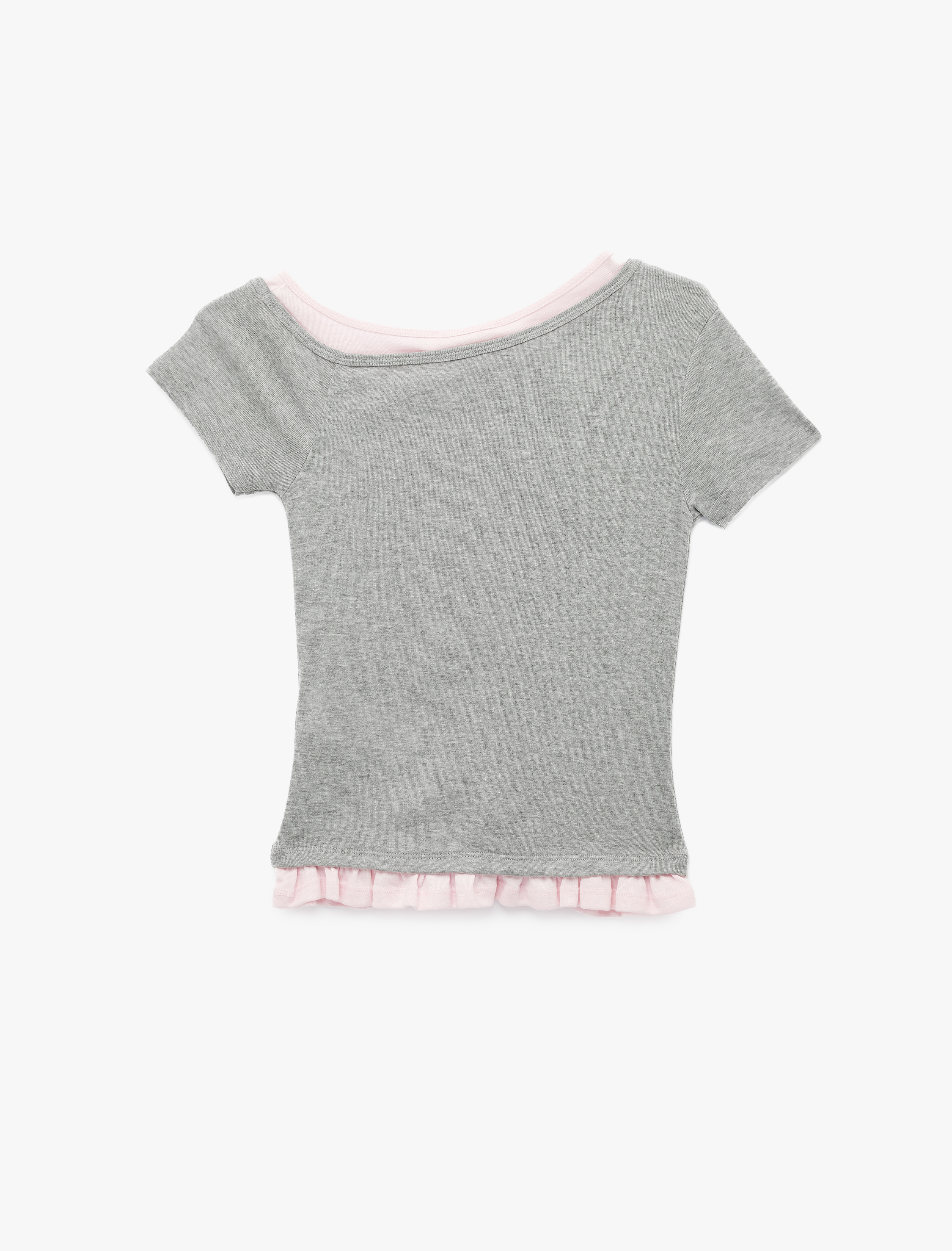   Asimetrik Kayık Yaka Kısa Kollu Fırfırlı Tişört