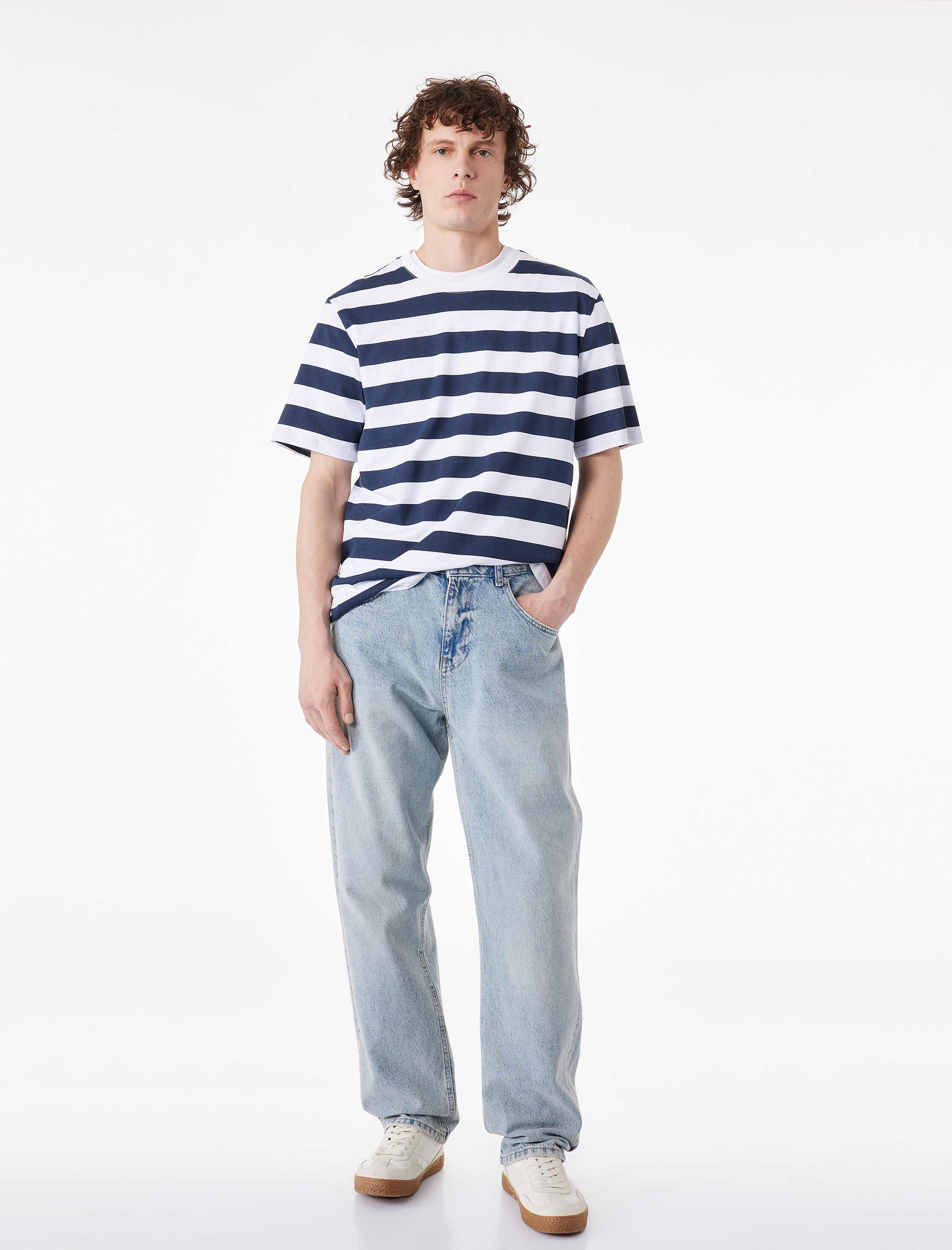   Regular Fit Kısa Kollu Bisiklet Yaka Pamuklu Çizgili Tişört