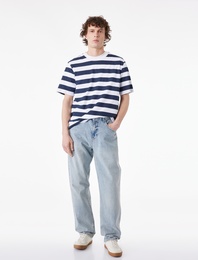 Regular Fit Kısa Kollu Bisiklet Yaka Pamuklu Çizgili Tişört